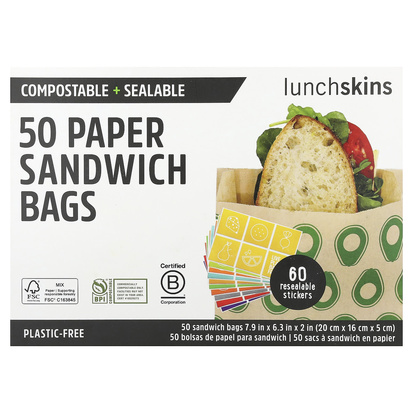 

Lunchskins, Бумажные пакеты для сэндвичей, Авокадо, 50 пакетов