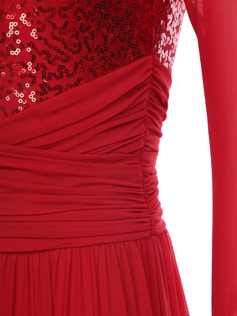 Ladies Sequin Long Sleeve Lyrical Dance Dress Mesh Tulle Flowy Maxi Long Dress Built In Briefs Performance Wear