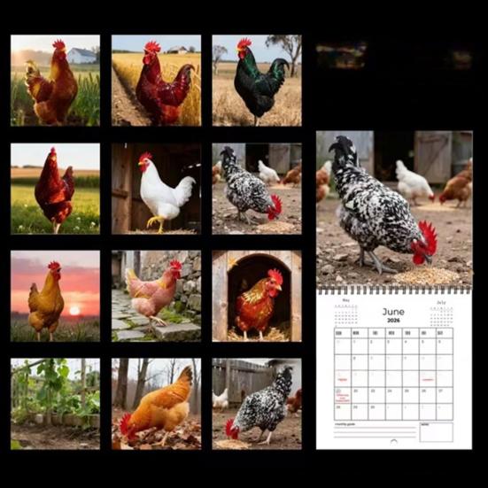 2026 Lustiger Hahn Kalender Große Hahn Wortspiele Monatlicher Wandkalender mit Humorvollen Geflügelfotos Dickes Papier Drahtbindung Büro Streiche Geschenk