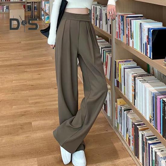 Women Suit Pants Straight Wide Leg Loose High Waist Solid Color Formal OL Commute Full Length Fasten Tape Adjustable Waist Lady Formal Trousers