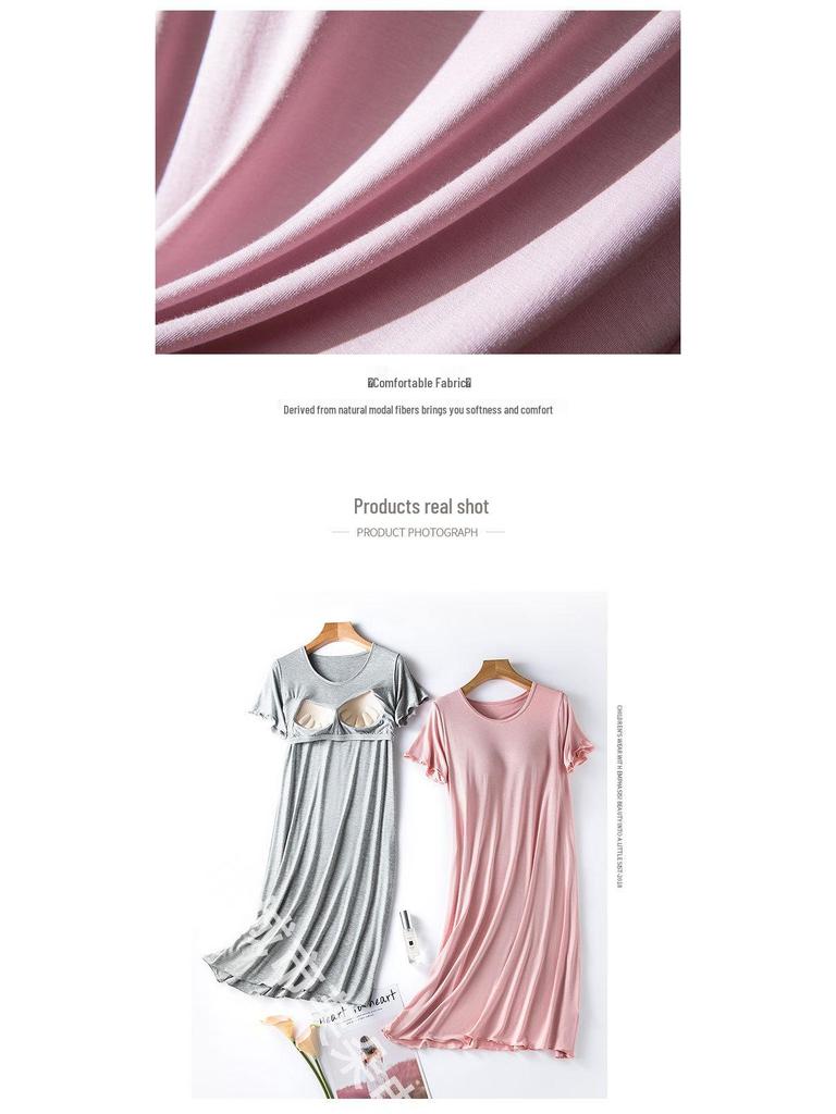 Women's Ruffle Short-Sleeve Nightgown with Chest Pad, Modal Spring/Summer Long Dress for Home Wear