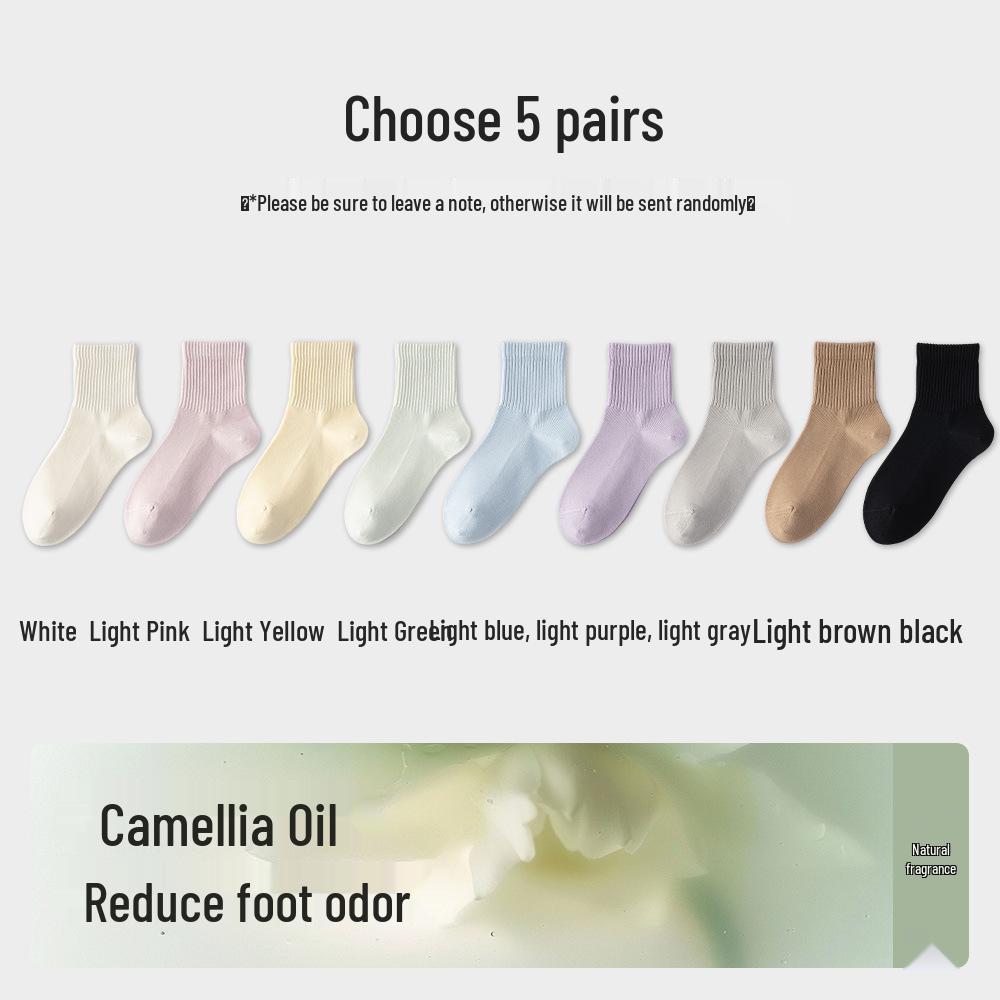 Women's Mid-Calf Camellia Essential Oil Antibacterial Cotton Socks - Solid Color, High Elasticity, for Spring & Autumn