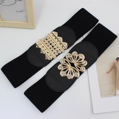Comfortable Big Size Waistband Belt Metal Buckle Black Wide Waist Belt Rhinestone Elastic Wide Belt Women