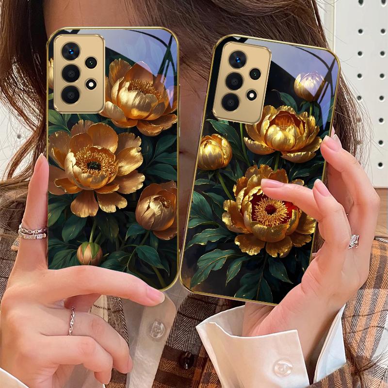 Prosperous Golden Peony For Samsung A 01 52S A04 A05S A10 A12 A13 22 23 24 36 42 M02 Note 10 20Ultra 8 9 Golden glass phone case