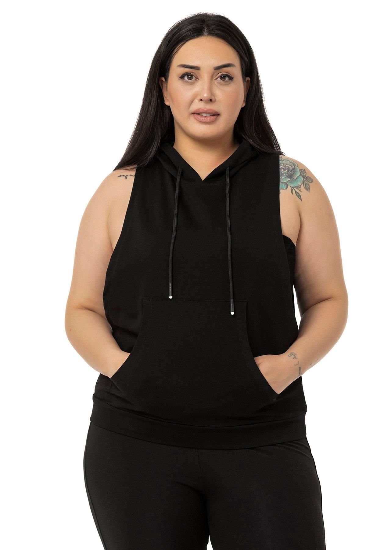 

Women s Style Big Size T-Shirt Large Size Kangaroo Pocket Hooded Black T-Shirt With Wide Sleeves 2XL