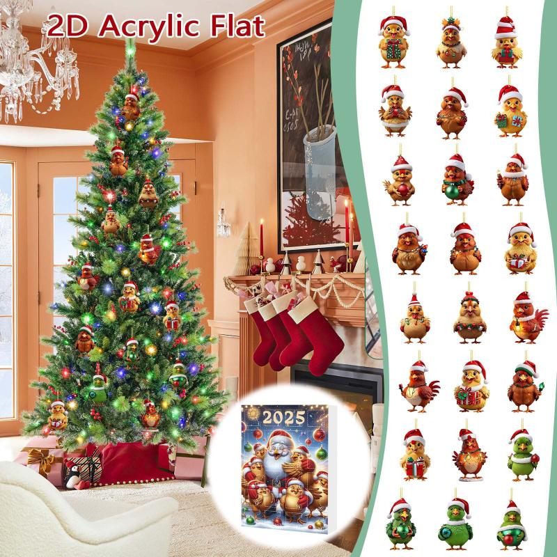 Adventní kalendář 2025 Kuře se Santa čepicemi 2D závěsná ozdoba Vánoční odpočítávací kalendář Ozdoba na vánoční stromek