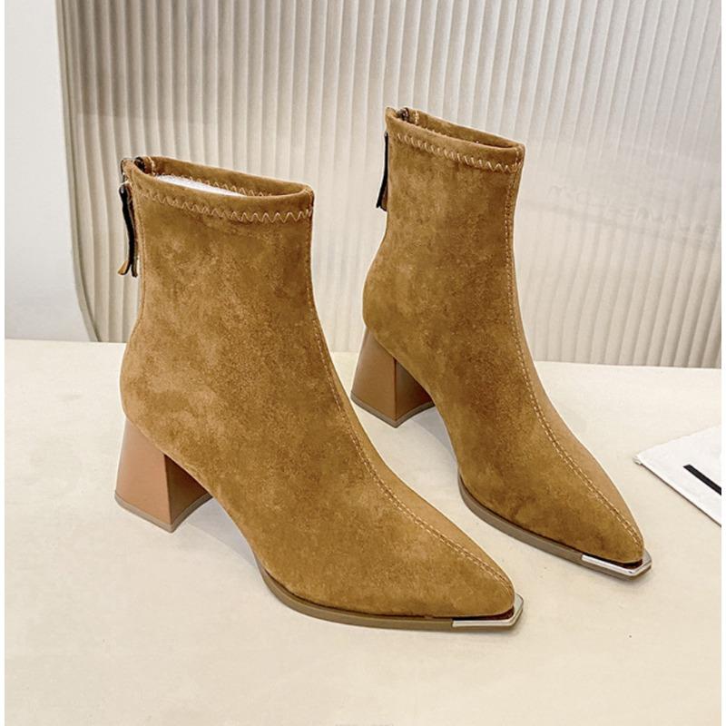 Winter Women Faux Suede Thick Heel Ankle Boots Fashion Pointed Toe Mordern Short Booties Street Style Party Stripper Female Shoe