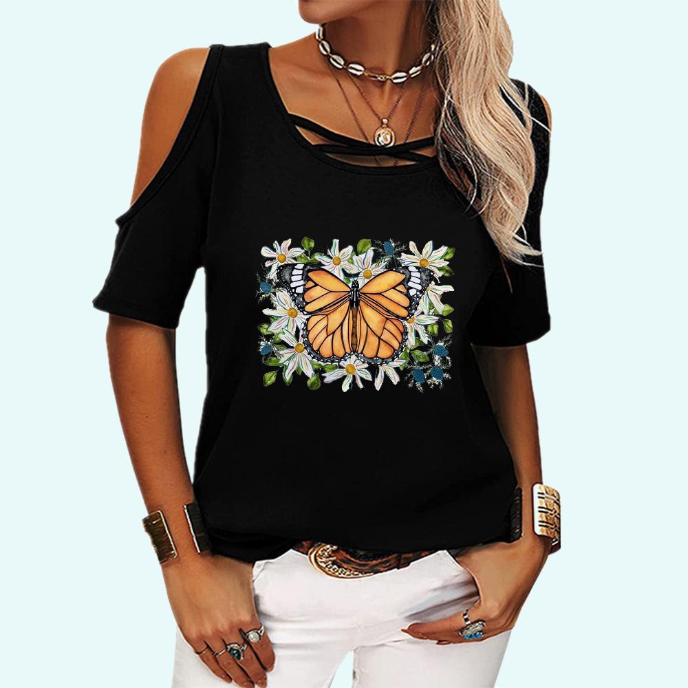 

Женская модная футболка с открытыми плечами, летняя и осенняя футболка с круглым воротником и короткими рукавами, женская модная футболка с цветочным принтом 5Xl чёрный