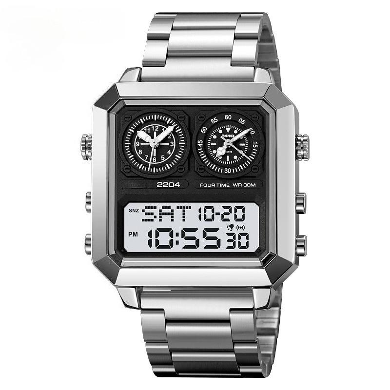 

Мужские электронные часы квадратные с обратным отсчетом ремешок из нержавеющей стали 4 таймера времени будильник EL подсветка наручные часы