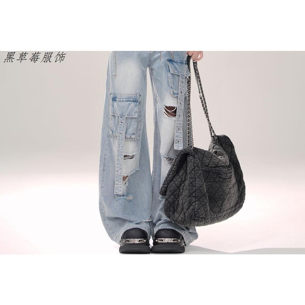 High-waisted Ripped Workwear Jeans for Women New Style with Loose Ribbons Straight-leg Washed Floor Mopping Pants Old Fashion