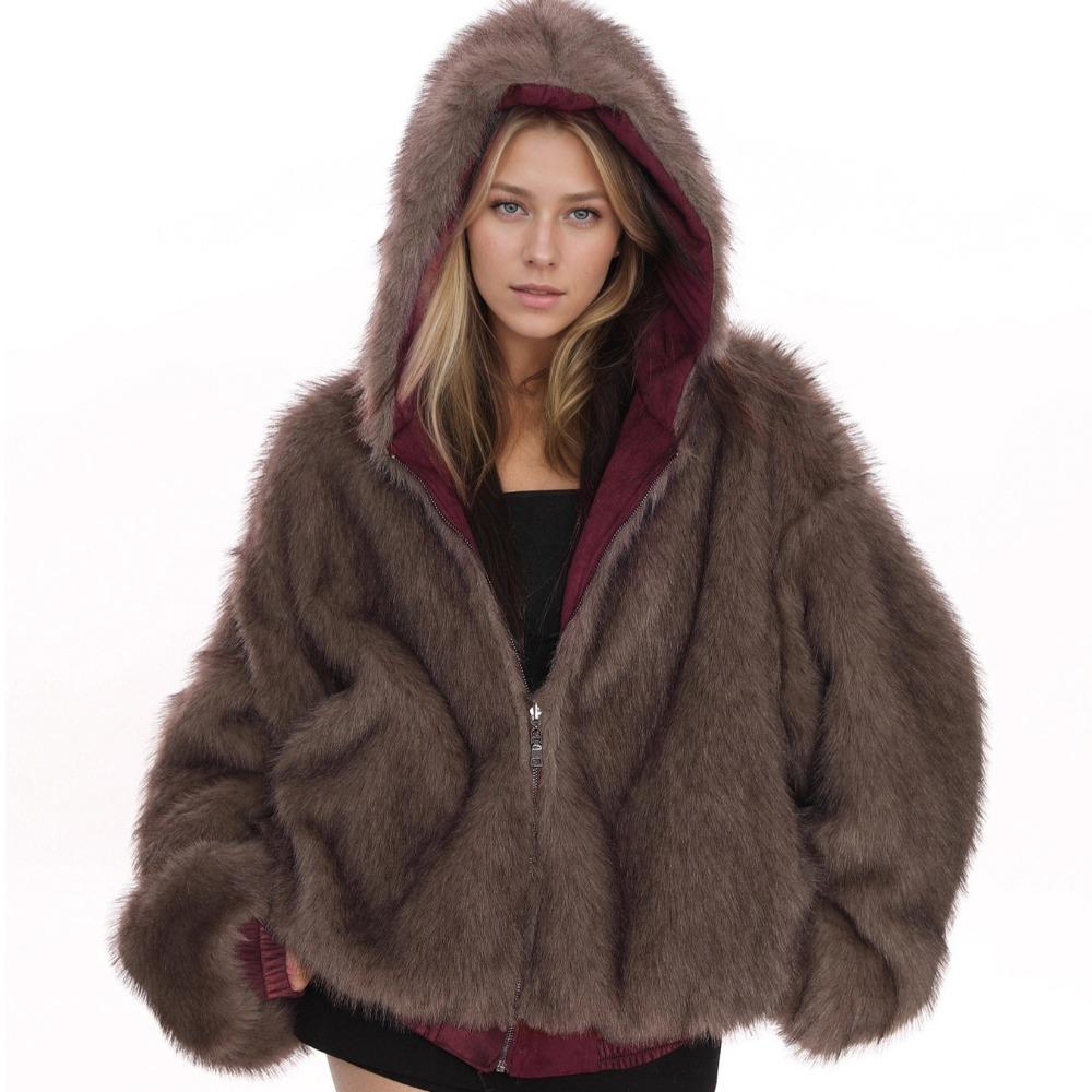 Cappotto da Donna Oversize Double-sided con Cappuccio Foderato in Ecopelliccia Giacca Zip Up Calda Invernale Larga Casual Capospalla
