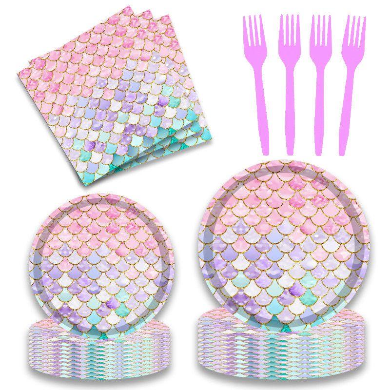 Mermaid-Themed Birthday Party Decorations: Fish-Scale Tableware Set, Disposable Paper Plates, Paper Cups, and Tablecloths