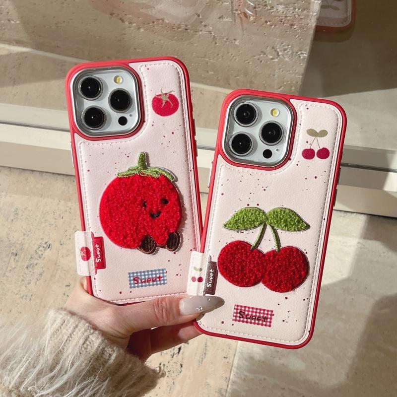 Ins Korean Cute Embroidery Cherry Tomato Leather Case For iPhone 17 16 15 14 Pro Max 15 14 16 13 17 Pro Camera Protection Cover
