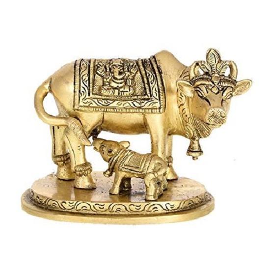 Holy Kamdhenu Cow and Calf Brass Figurine (8 Cm X 5 Cm X 6, Golden and Yellow)