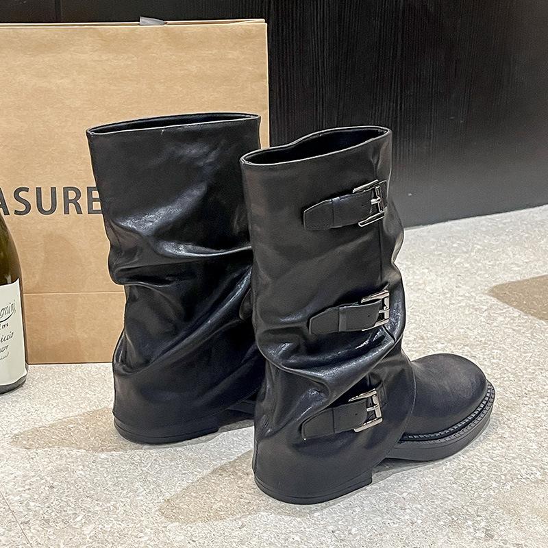 Thick-soled belt buckle pleated medium boots women's 2025 autumn and summer new western cowboy short boots Martin boots pant tube boots
