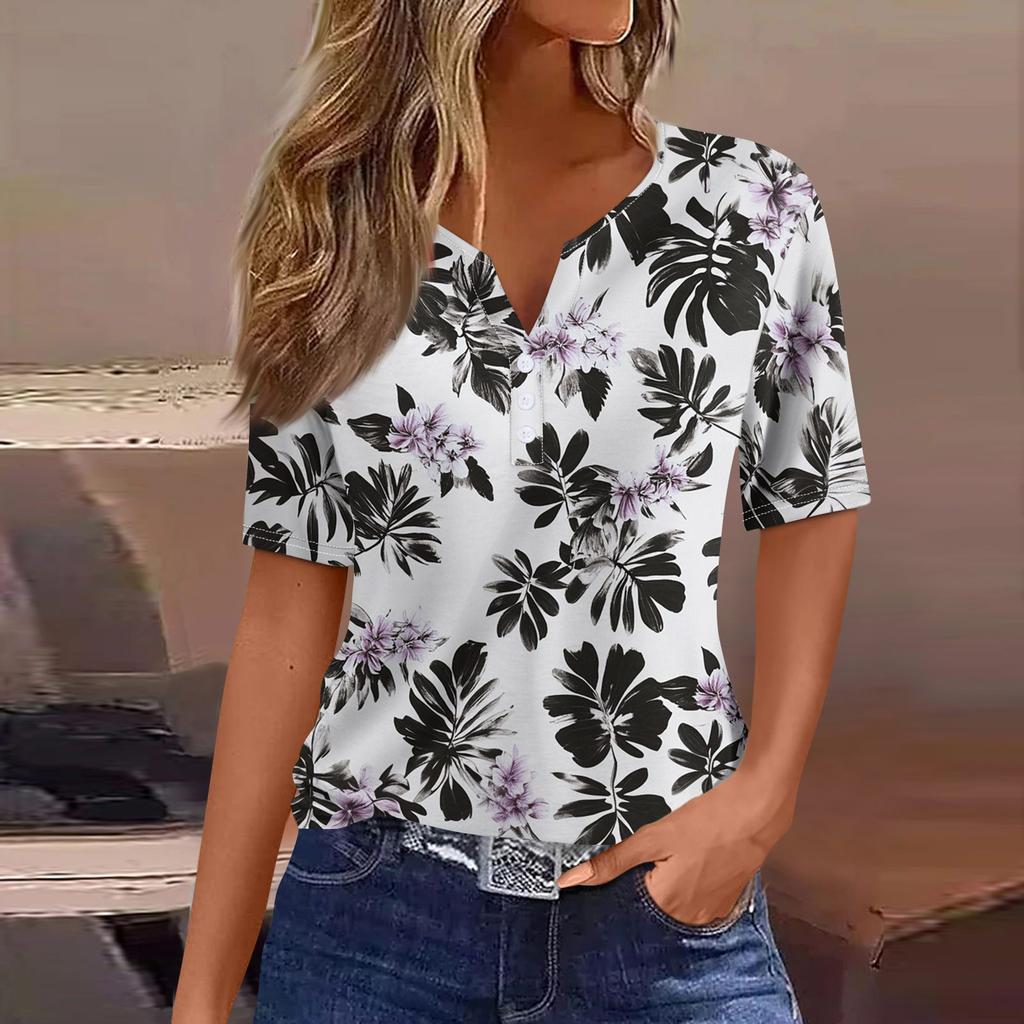Women's T Shirt Tee Print Button Short Sleeve Daily Weekend Fashion Basic V- Neck Regular Top