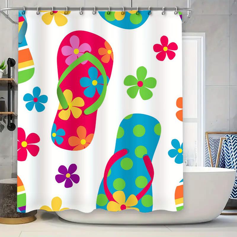 

Summer Vibes Shower Curtain: Beachy Flip Flops Floral Print In Blue, Pink, Green Yellow Waterproof Fabric For Bathroom Decor W60H190(CM)-1 Pcs