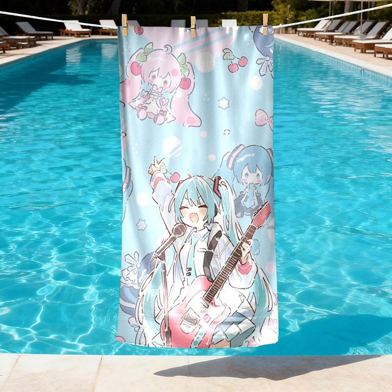 Hatsune Miku Print Beach Towel Design, Soft, Lightweight. for Home Bathroom, Spa, Pool, Yoga, Surfing, Camping, Gift for Family, Friend