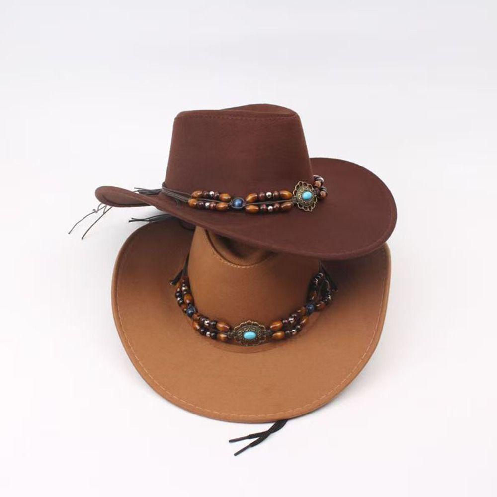 New Artificial Suede Western Cowboy Hat Felt Tibetan Style Top Hat Ethnic Soft Roll Brim Cowgirl Cap Outdoor Riding