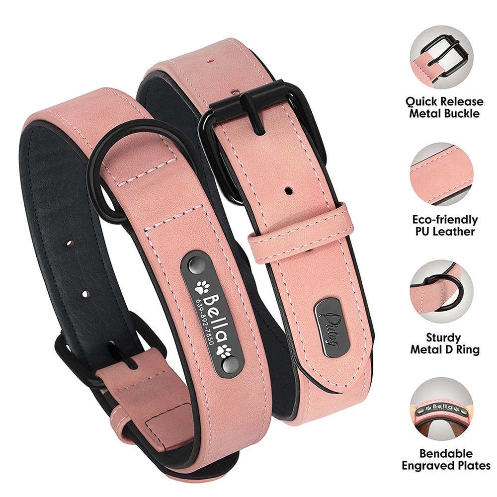 Personalized  PU Leather Dog Collar Soft Padded Pet Dog Collars Engraved Name Paw Durable Necklace for Small Medium Large Dogs
