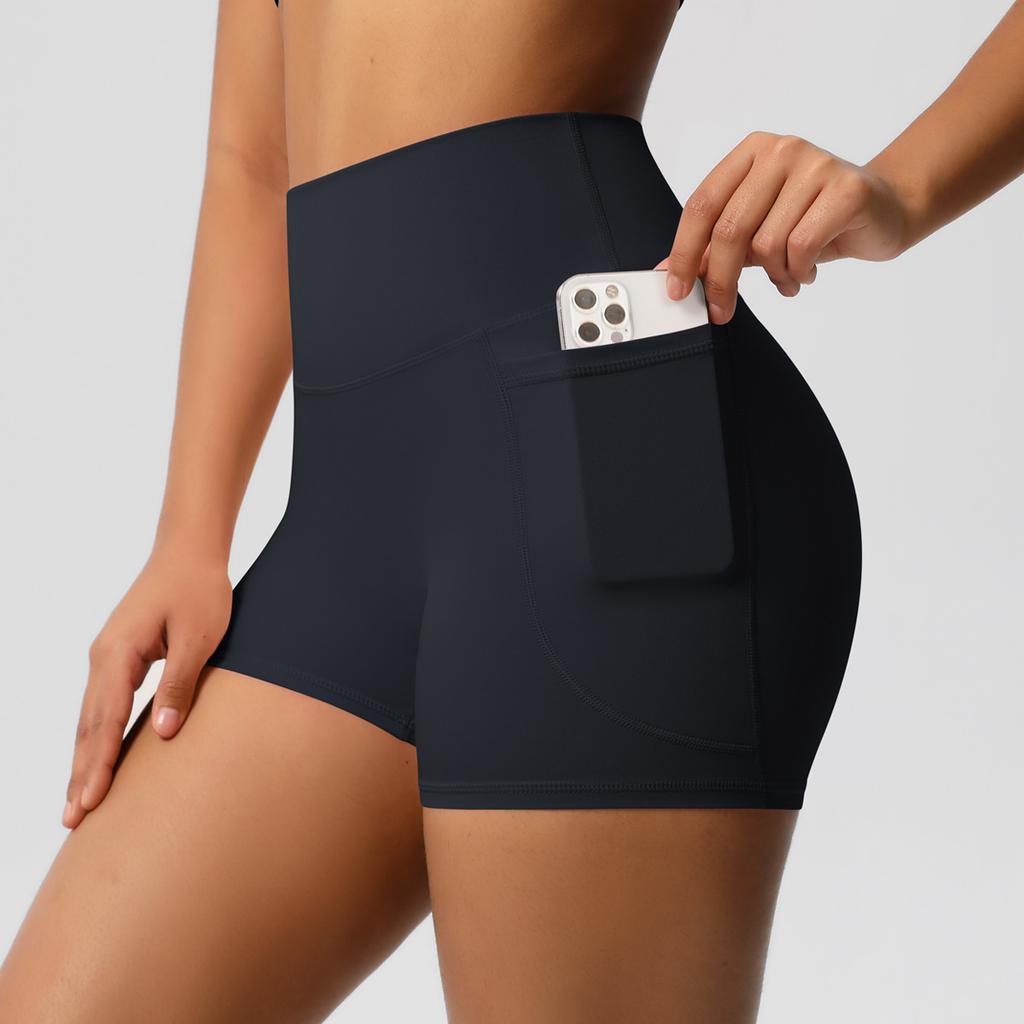 Pantaloni da yoga tinta unita con tasche – pantaloncini fitness traspiranti a vita alta snellenti per donna