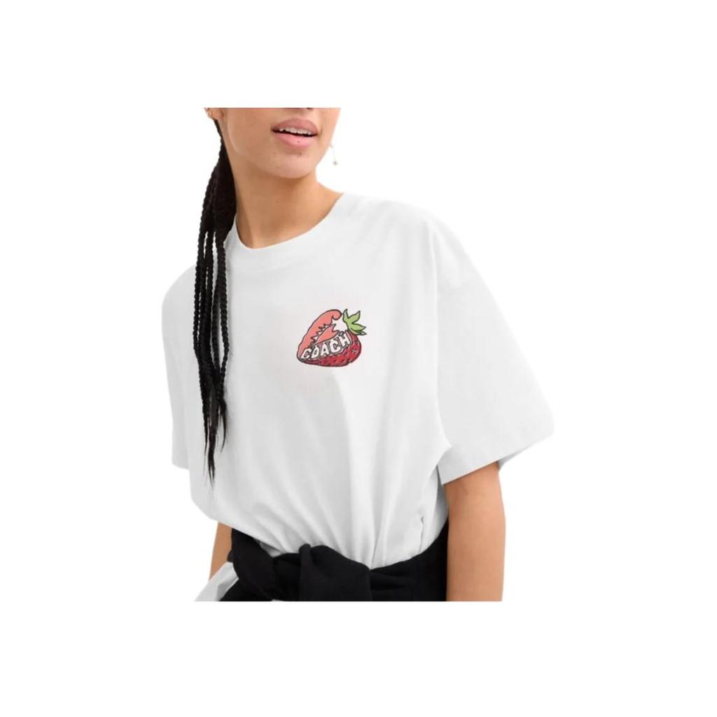 Coach Strawberry Print Round Neck Pullover Short Sleeve T-Shirt Women Tops White CAH64-WHT