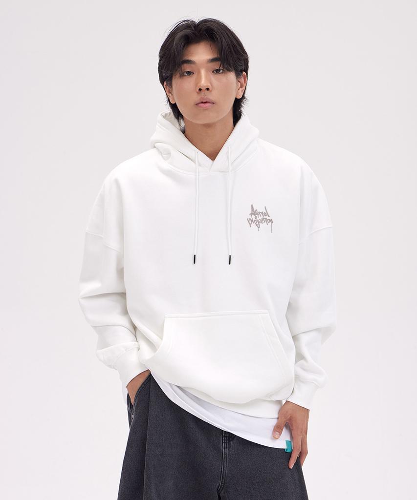 Pen Graffiti Lettering Oversized Wide Shoulder Hoodie_White