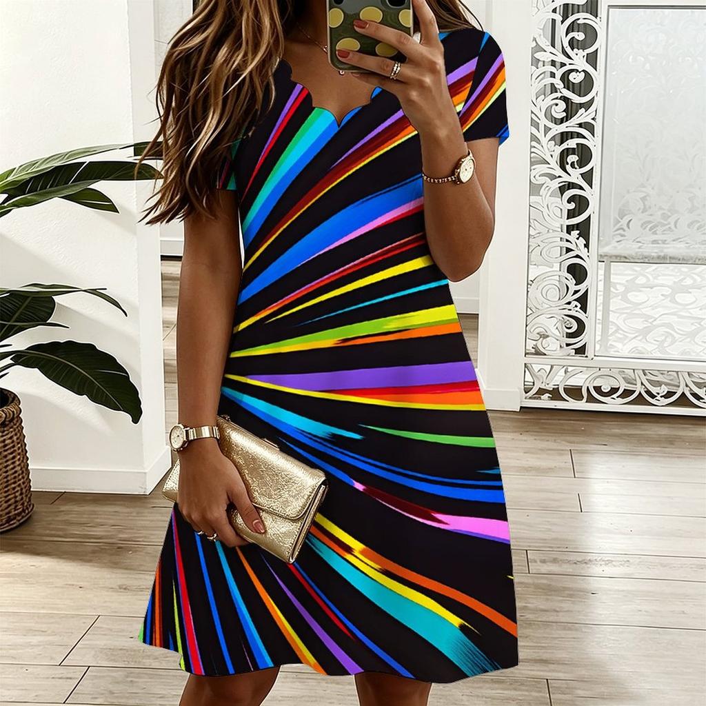 Women Oversized V Neck Short Sleeve Dress Retro Leaf Printed Flowy Dress For Countryside Trip And Everyday Wear