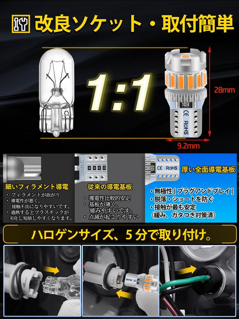 VICOIU T10 LED Position Lamp, Amber, Explosive Light, License Plate Light, Room Lamp, Built-in