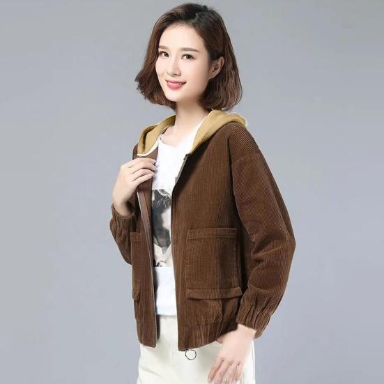 Fall Spring Women Corduroy Jacket Patch Pockets Hooded Loose Colorblock Elastic Cuffs And Hem Streetwear Office And Leisure Coat