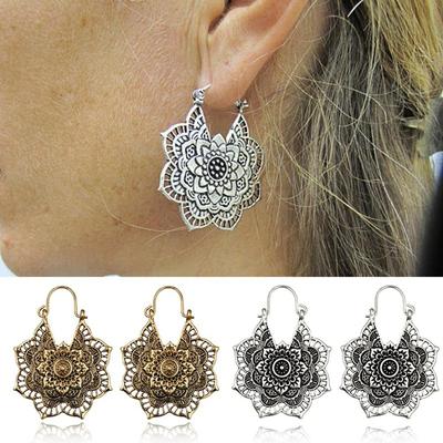 Fashion Boho Tribal Dangle Ear Stud Hollow Out Mandala Flower Pendant Floral Earring