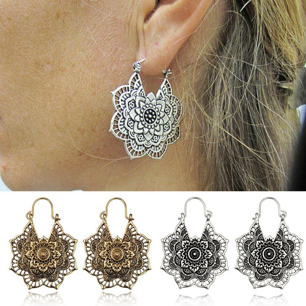 Antique Tribal Gypsy Dangle Ear stud Floral Earring Hollow Out Mandala Flower Pendant