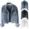 Women Denim Jacket Solid Color Single-breasted Short Breathable Keep Warm Beads Decor