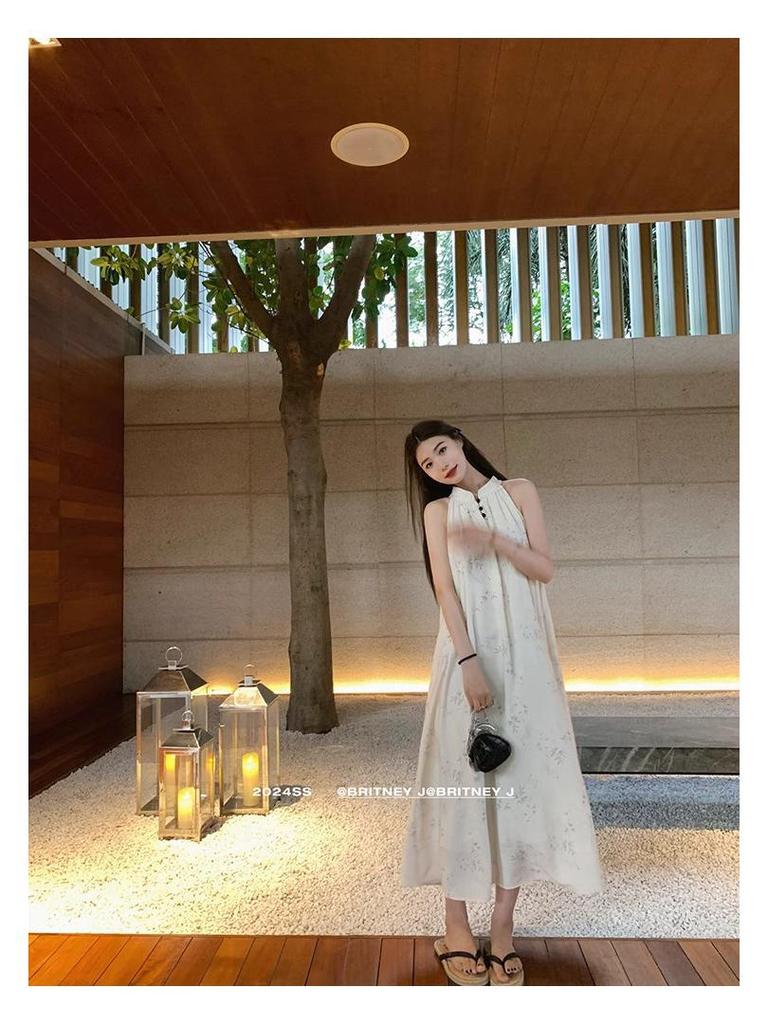 Retro Chinese Halter Sleeveless Summer Dress for Women - Slimming, Loose, Vacation-Ready