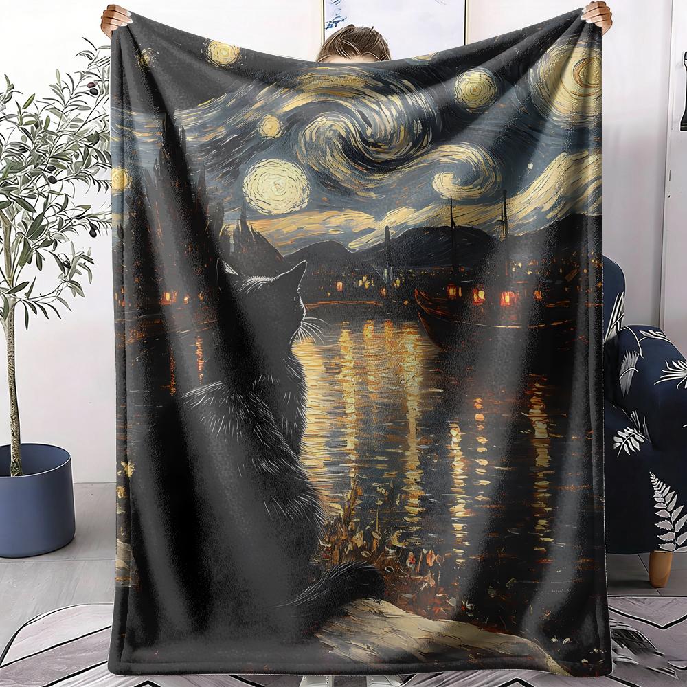Starry Night And The Cat Throw Soft Flannel AC Blanket Lightweight Summer Nap Throw Cozy  Blanket for Sofa Bed Travel Home