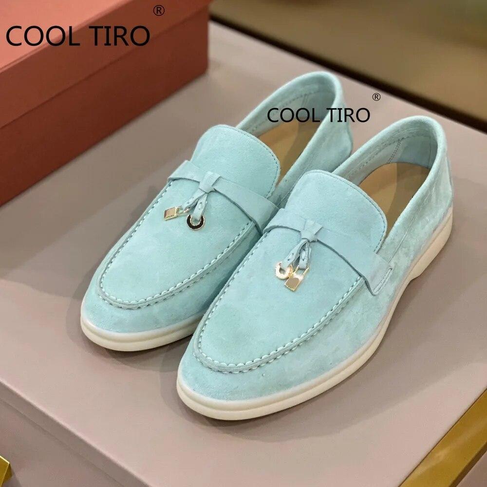 Woman Flat Shoes Slip On Women Loafers Leather Metal Lock Blue Suede Moccasins Mules Casual Driving Shoe Summer Walk Shoes Femme