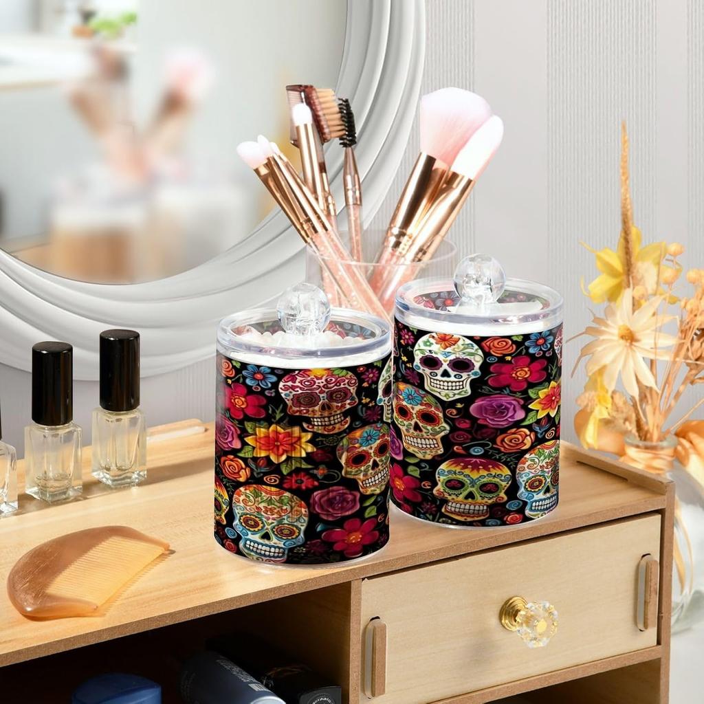 Colorful Skulls 2PC Airtight Transparent Plastic Storage Jar Food Storage Container Plastic for Food Herbs Tea etc with Storage Lid easy to use and