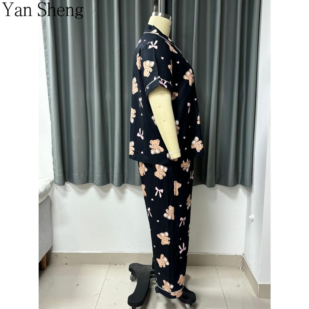 Kadın Pijama Takımı Büyük Beden Yazlık İnce Kısa Kollu Kabarcıklı Kırışık Baskılı Sevimli Nefes Alabilen Ev Giyimi Uyku İçin
