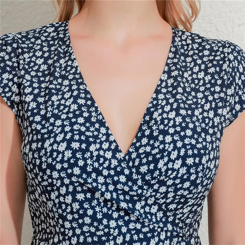 Summer Women Beach Sexy V-neck Sweet Short Sleeved High Waist Skirt Floral Sundress Dress