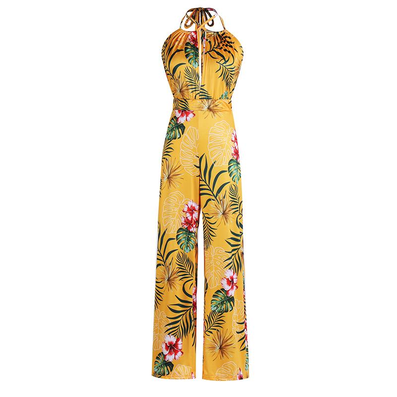 Frauen Sommer Backless Sexy Coconut Tree Print Neunte Hosen Halter Elastische Strampler Overall