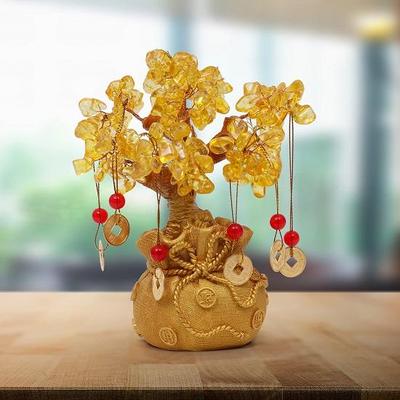 Šťastné Feng Shui Citrínové Strom života Bonsai Zlaté Křišťálové Ozdoby s Visícími Mincovními Přívěsky pro Zdraví, 17,78 cm x 7,62 cm