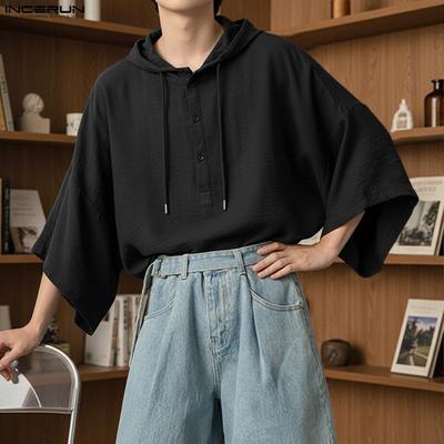 Oversized Summer Men Lapel Neck 3/4 Sleeve Buttons Hooded Casual T-shirts Tops