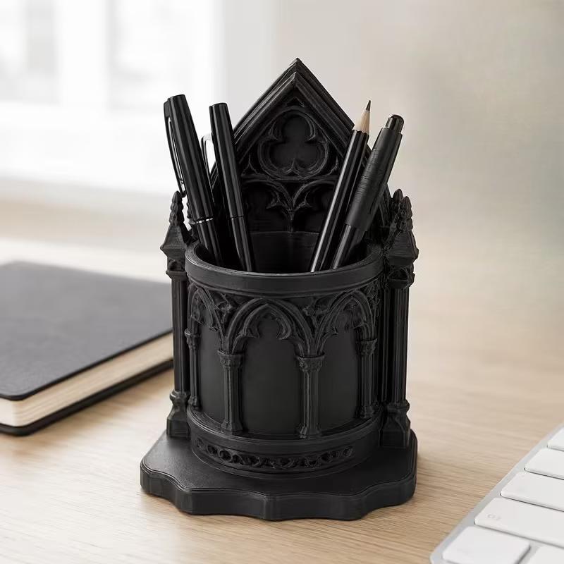 Medieval Gothic Cathedral Brush Holder 3D Printed Black Sculpture Cosmetic Storage Cup Dark Gothic Vanity Home Decor