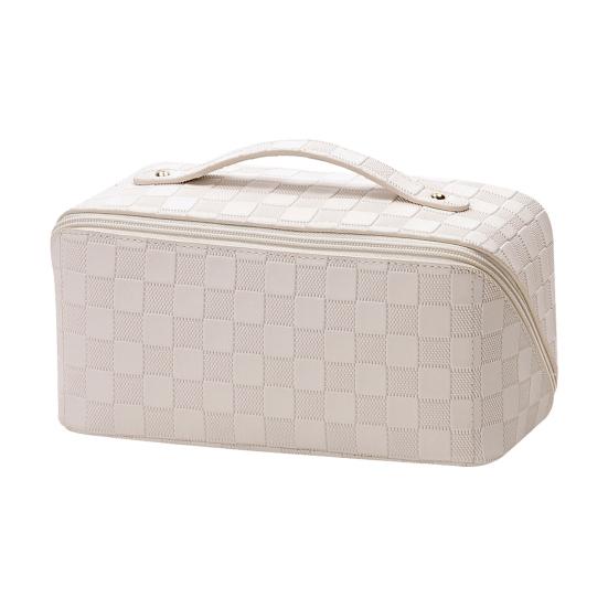 Travel Cosmetic Bag Waterproof Large Capacity Checkered Makeup Bag Open Flat Toiletry Bag for Women Skincare Brushes
