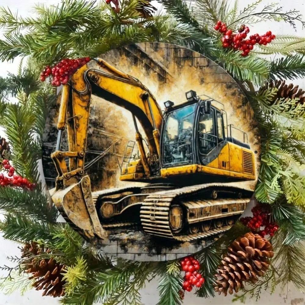 2D Flat Circular Metal Wall Art Excavator Design For Home Garden Decor