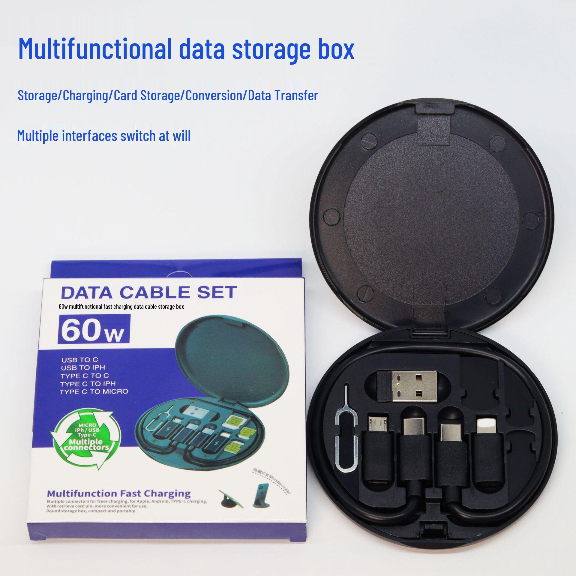 

60W Fast Charging Multifunctional Data Cable Storage Box: Five-in-One USB & Type-C for Apple & Android Devices White Storage Box without Mirror