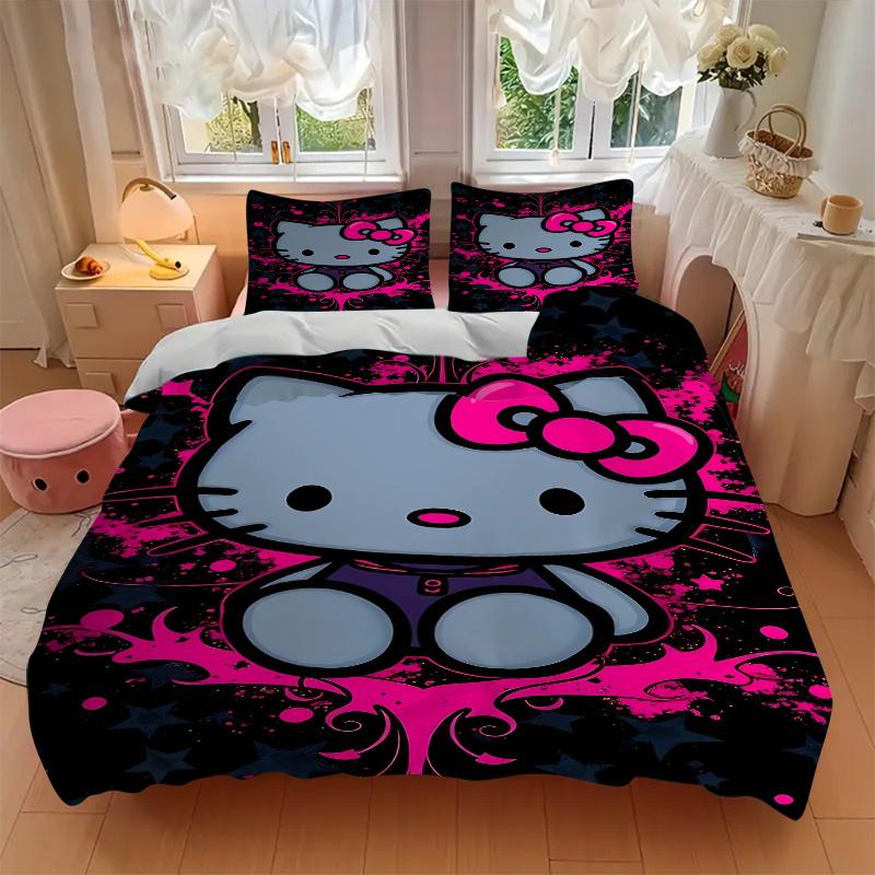 3pcs Cute and Fashion Hello Kitty Bedding Set Includes Quilt Cover and Pillowcases, Suitable for All Seasons, Machine Washable Ideal Gift S009