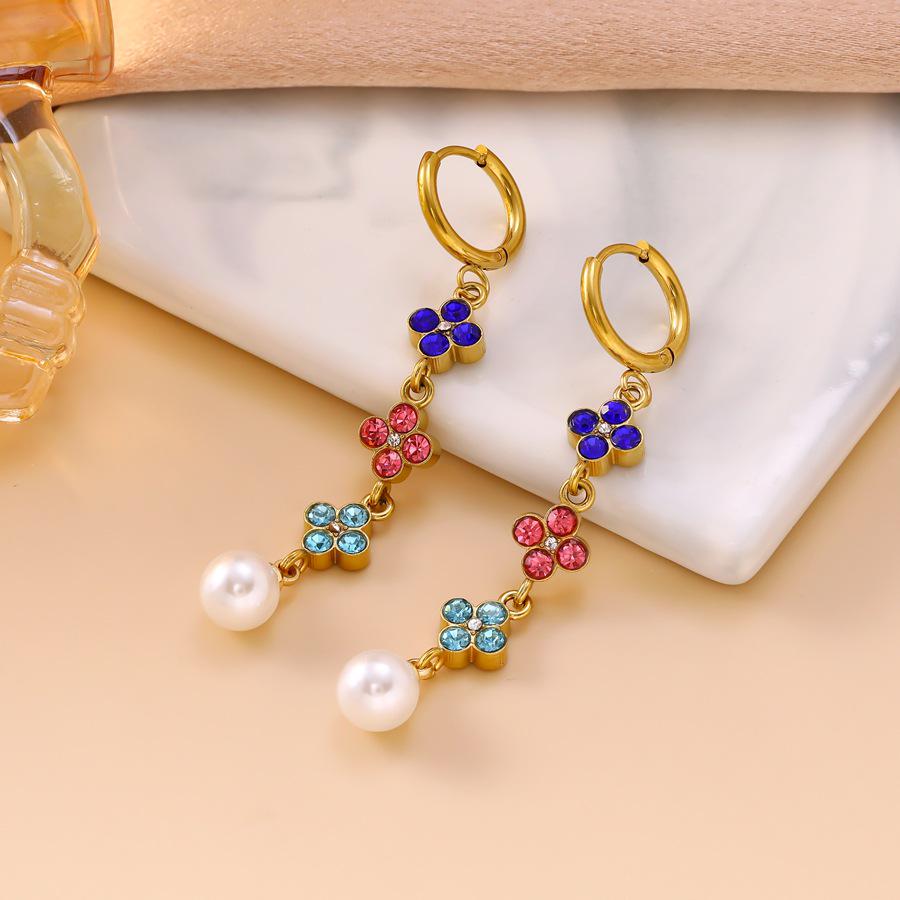 European & American Light Luxury Zircon Pearl Earrings - Colorful Four-Leaf Clover Design