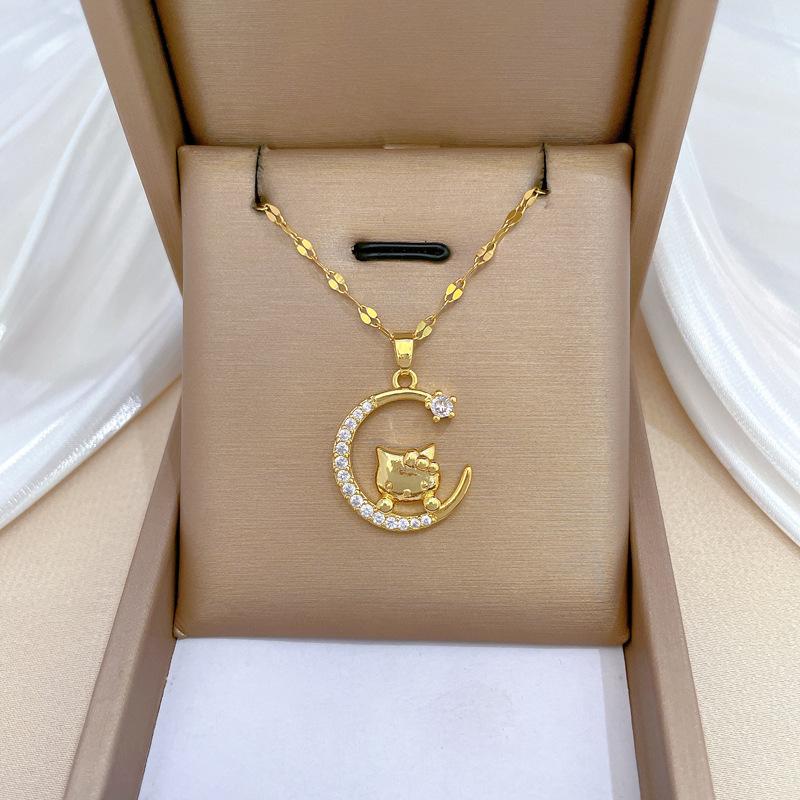 Moon Cat Light Luxury Temperament Gorgeous Full Diamond Necklace Female Versatile Collarbone Chain Titanium Steel Chain