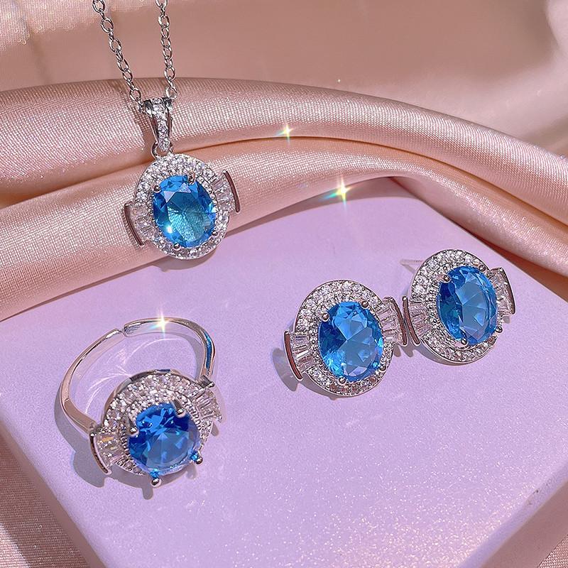 Classical Blue Crystal Topaz Gemstones Diamonds Rings Pendant Necklaces 18k White Gold Filled Jewelry Sets for Women Party Gifts